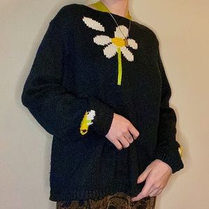 Marisa Christina Black Linked, Stitched, and knitted sweater with Flowers
